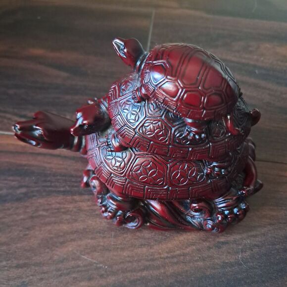 Chinese Feng Shui 3 Stacked Turtles Longevity Wisdom Protect Red Resin Asian Art - Picture 1 of 11